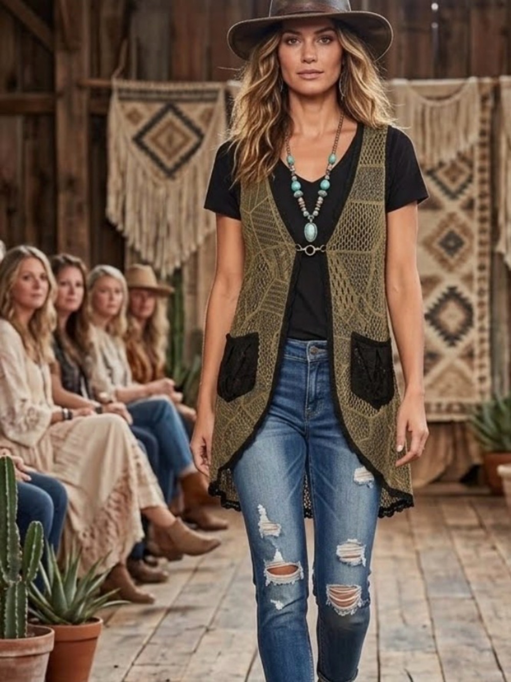 Lily by Firmiana Boho Crochet Knit Vest Long Duster Pockets 0223